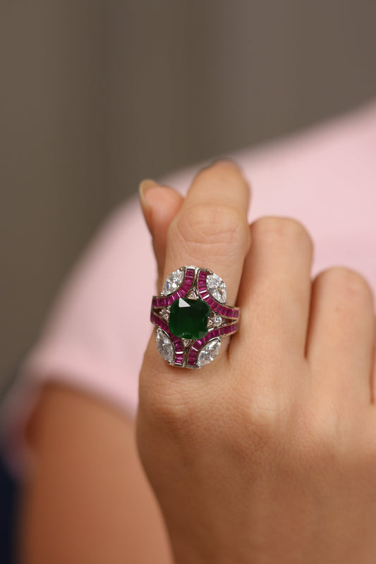 Zoe Emerald Ruby Diamond Cocktail Ring | Adjustable