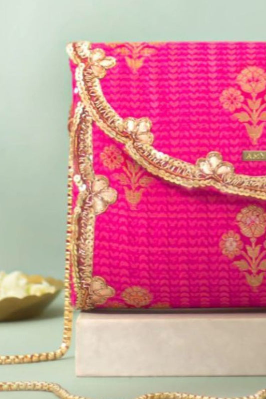 Bahaar Pure Silk Flapover Clutch - Pink