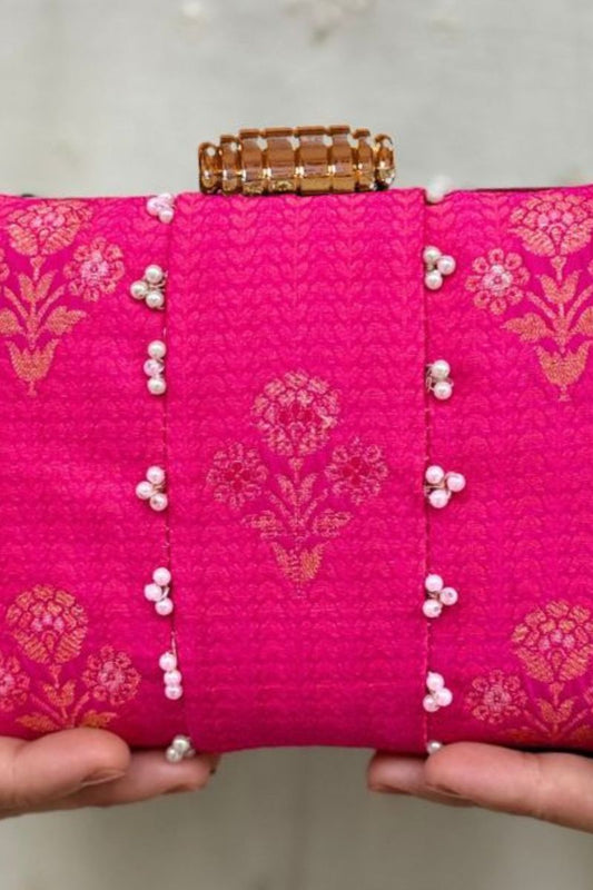 Bahaar Pearl Embellished Pure Silk Clutch - Pink