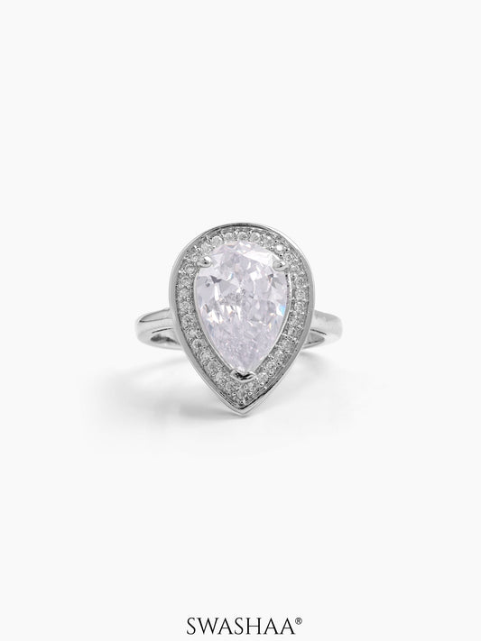 Calyra Tear drop Silver Stone Diamond Solitaire Women's Ring