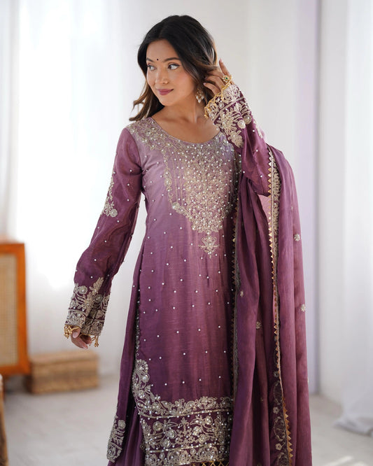 Chinon Silk Sequence Embroidery with Moti Work Kurti Sharar Dupatta Set (Stitched) - Premium from Ethenika.com - Just INR 4990! Shop now at Ethenika.com