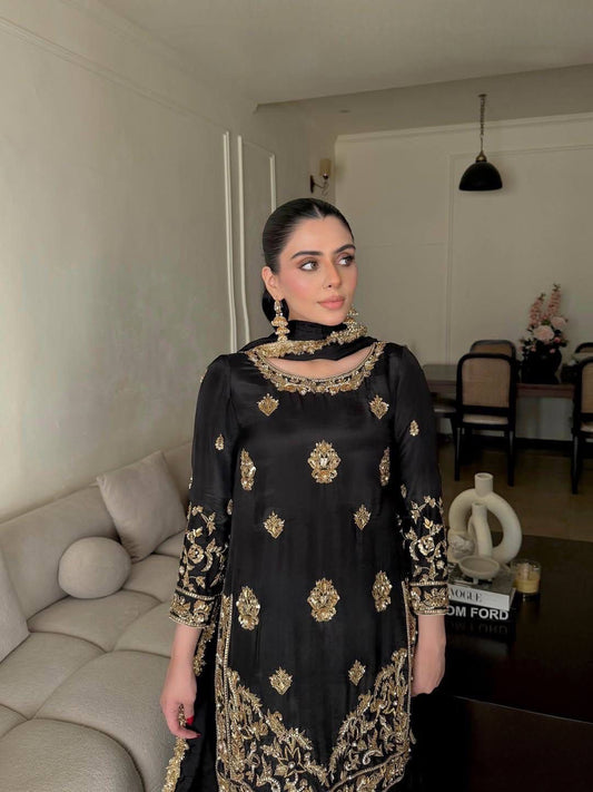 Chinon Silk Designer Kurti Sharara Dupatta Set