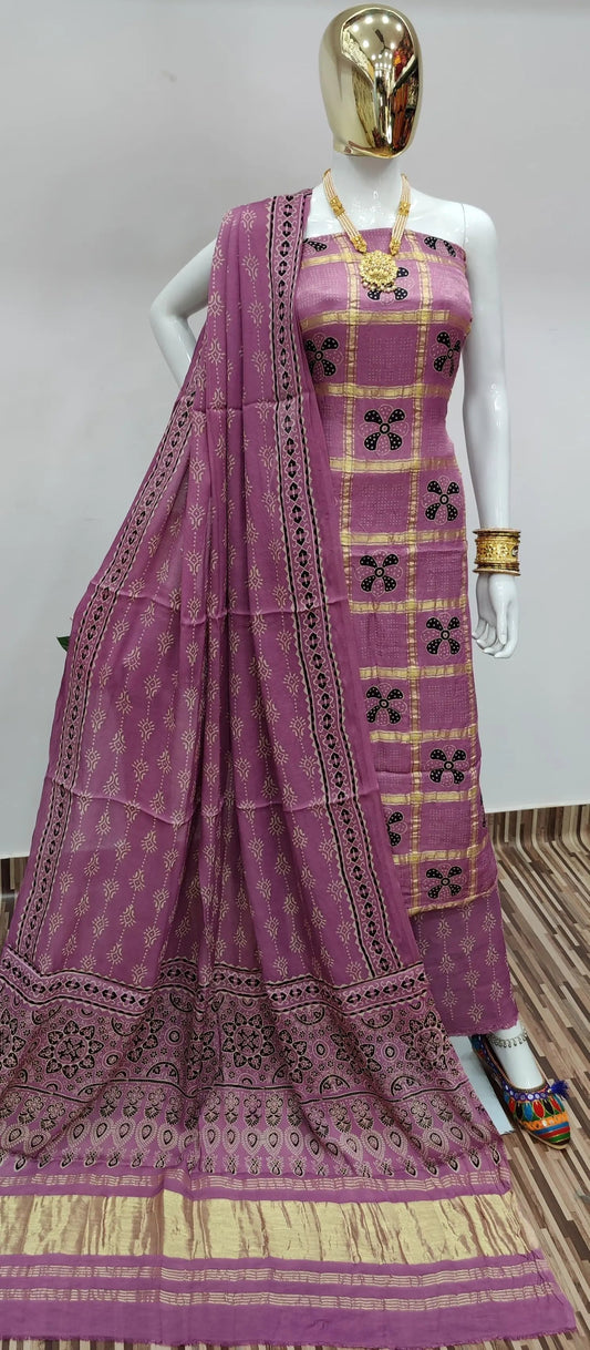 Ghazi Silk Golden Chex Hand print dress material - Premium from Ethenika.com - Just INR 6999! Shop now at Ethenika.com