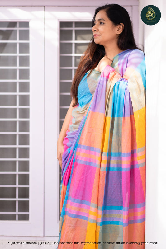 Vibrant Multicolor Oversized Checks Mul Cotton Handloom Saree