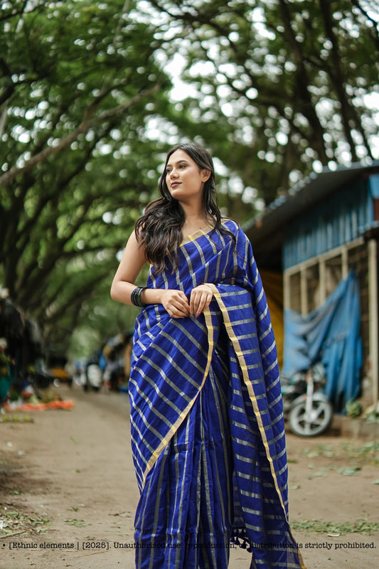 Stripe Handloom Mul Cotton Saree Royal Blue
