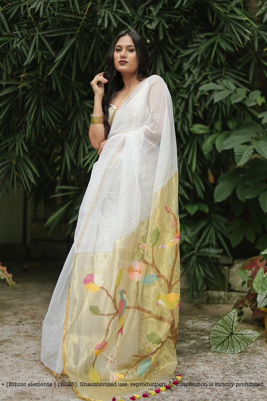 Handwoven Muslin Jamdani Saree Pakhee