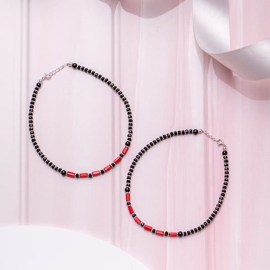 Classic Black & Red Beaded 925 Sterling Silver Anklet