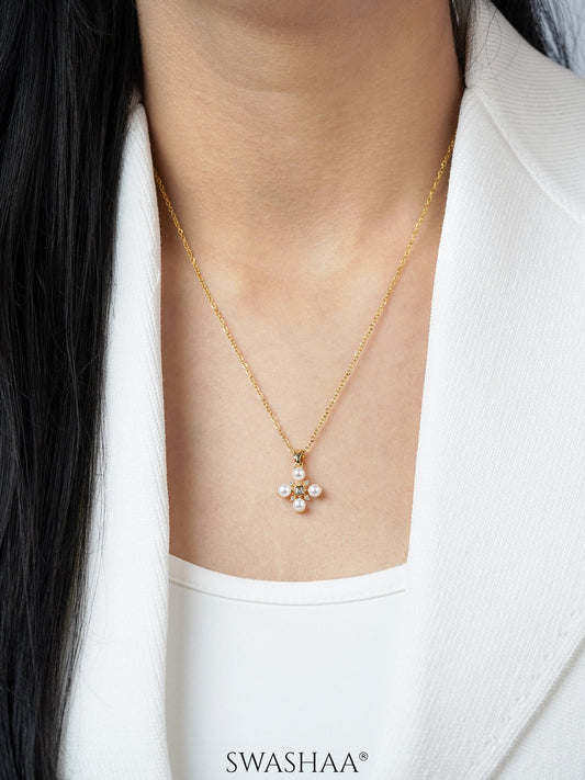Dahlia Pearl Stones Charm 18K Gold Plated Cross Chain Pendant Necklace