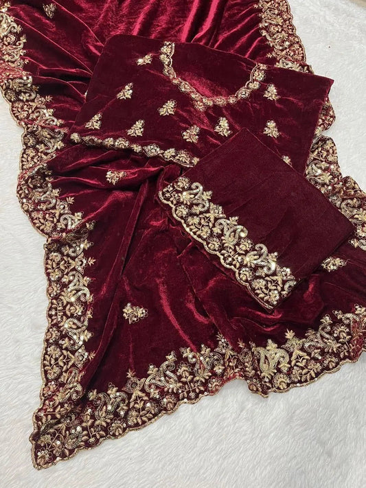 Designer Sequence Zari Work Party Wear Velvet Saree Ethenika.com