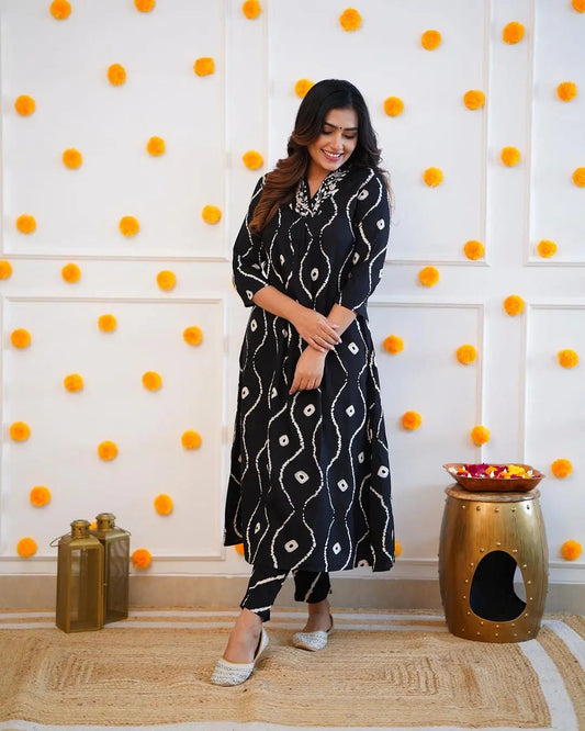 Neckline Thread Work Leheriya Kurti Pant Set (Stitched) - Premium from Ethenika.com - Just INR 1990! Shop now at Ethenika.com