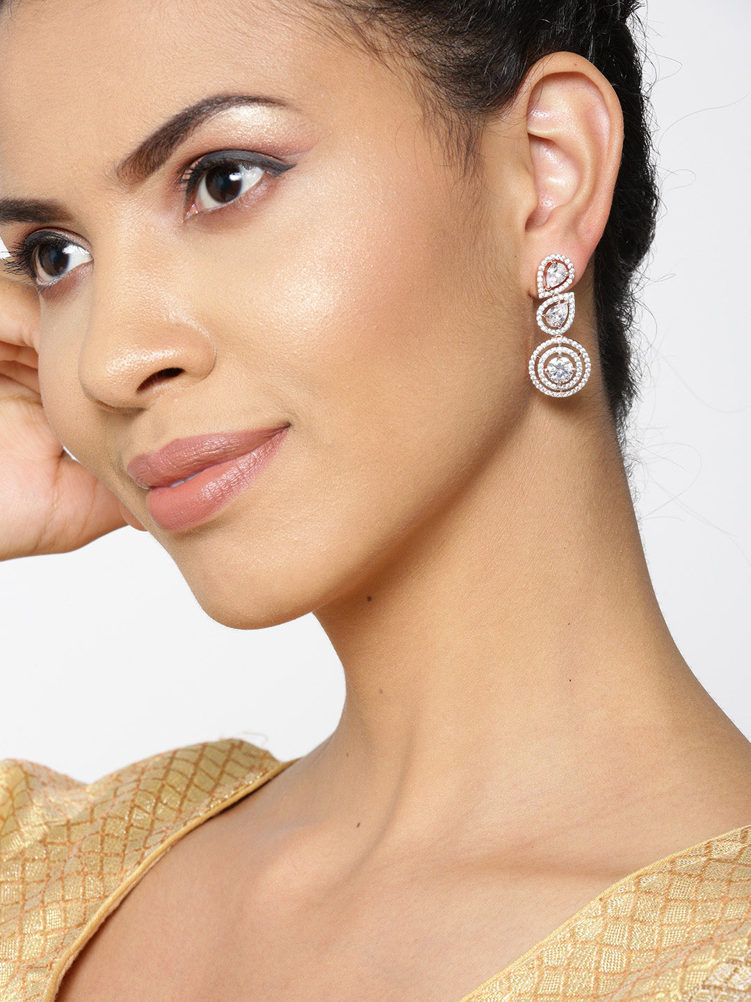 Rose Gold-Plated American Diamond Studded Drop Earrings