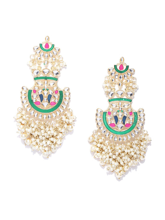 Gold Plated Kundan Studded Off-White Beaded Multicolor Drop Earrings