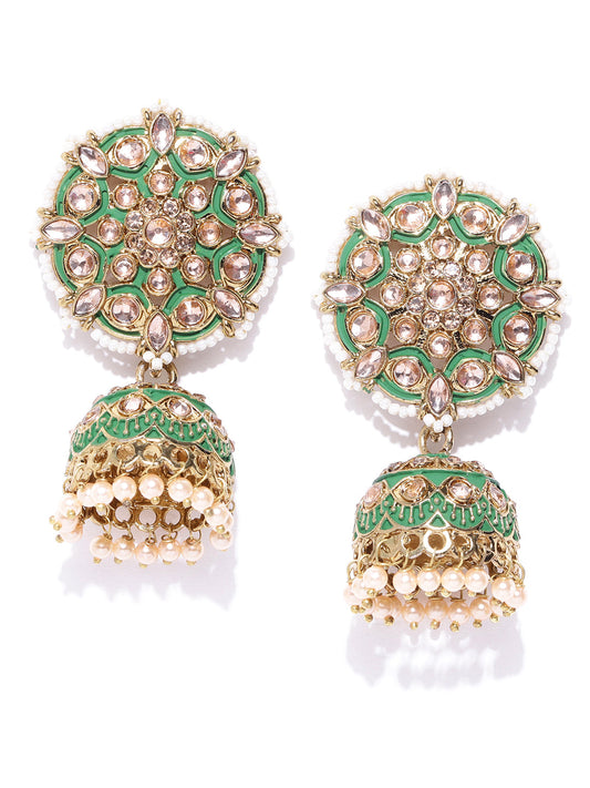 Gold-Plated Stones Studded Meenakari Jhumka Earrings in Green color with Pearls Drop