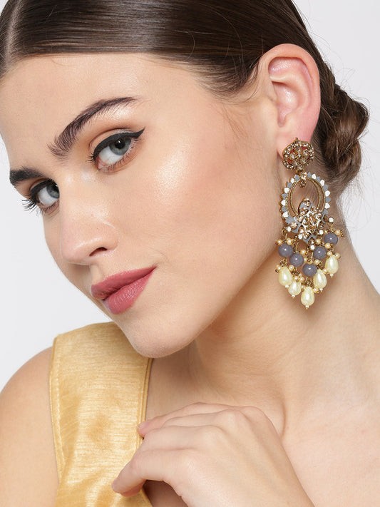 Gold-Plated Stone Studded Beaded Drop Earrings with Meenakari Work In Grey And white Color