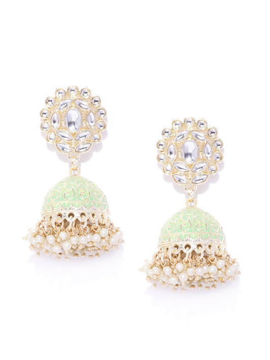 Gold-Plated Kundan Studded Floral Patterned Meenakari Jhumka Earrings in Green Color