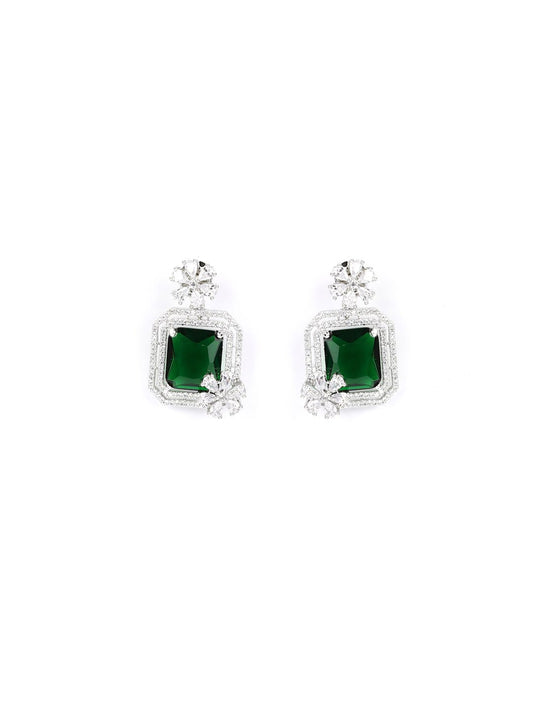 Emerald American Diamond Silver Plated Floral Drop Earring