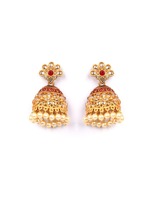 Red Beads Kundan Gold Plated Jhumka Earring