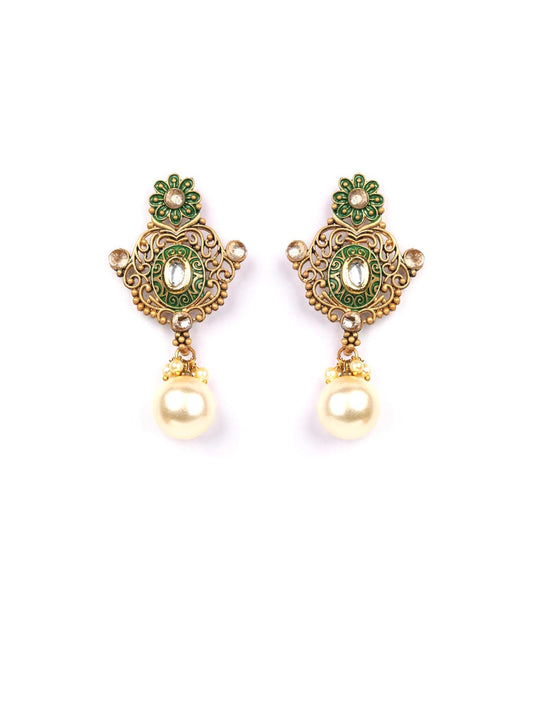Green Kundan Pearls Gold Plated Floral Drop Earring