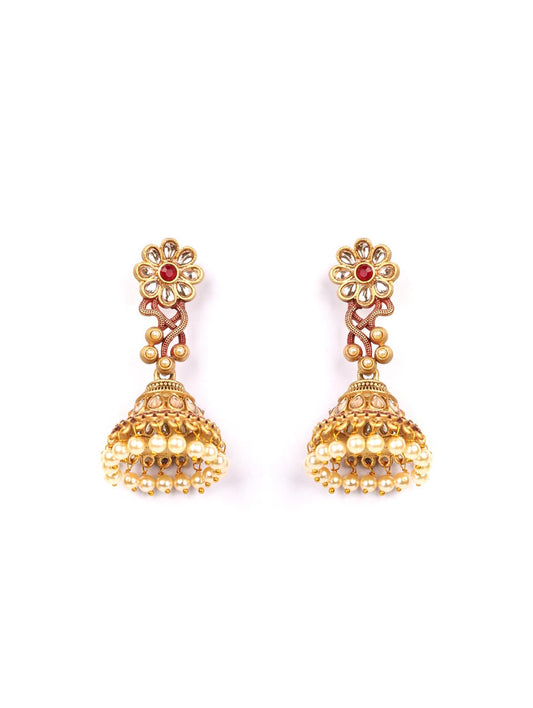 Red Kundan Beads Gold Plated Floral Jhumka Earring