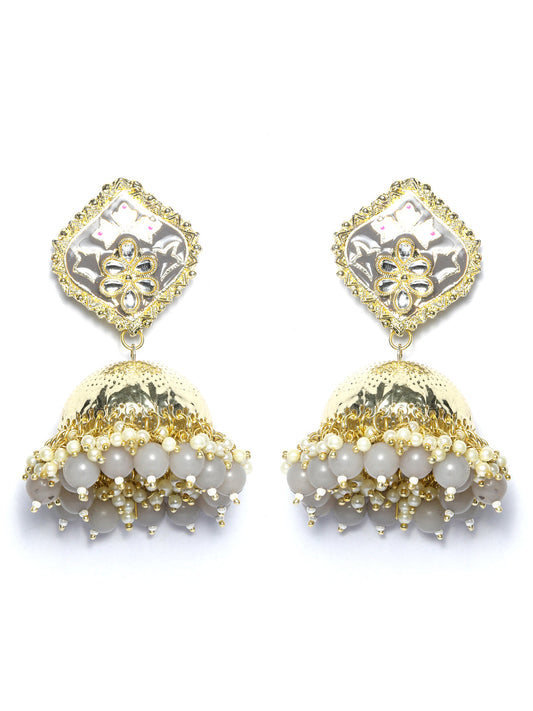 Grey Kundan Gold Plated Floral Jhumka Earrings