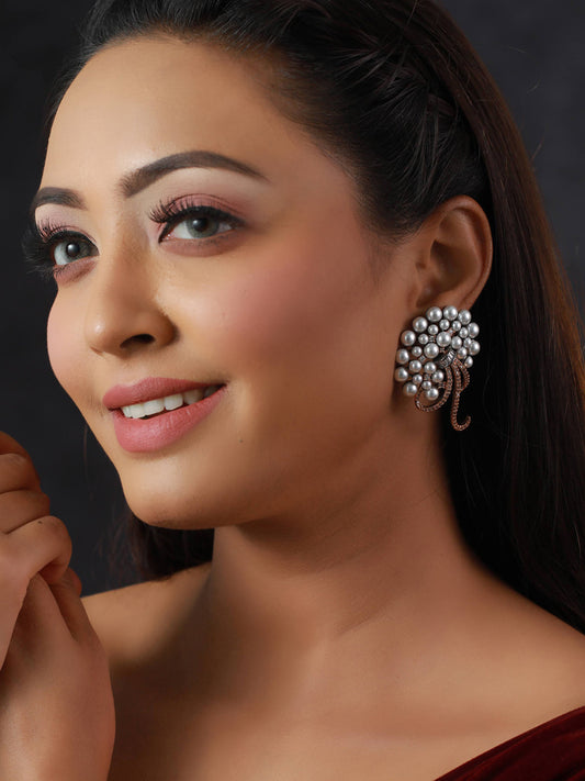 Priyaasi Floral American Diamond Silver Rose Gold Plated Earrings