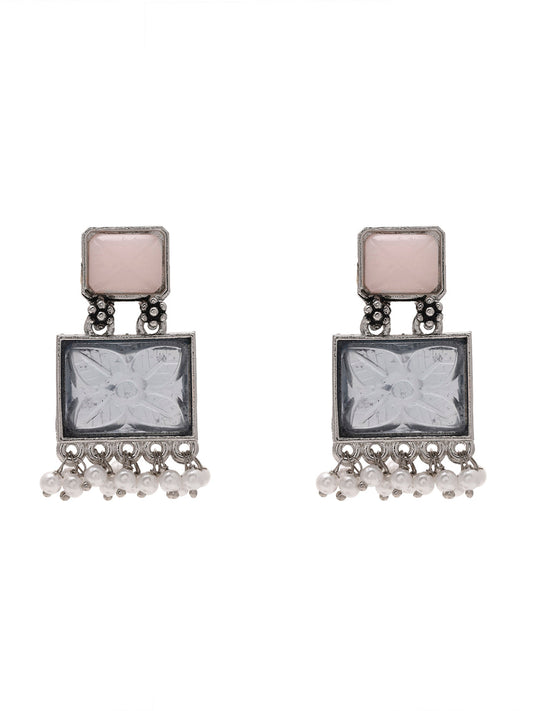 Priyaasi Rectangular Bliss with Pink and Green Stone Earrings