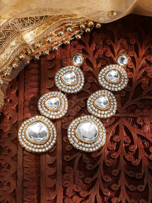 Priyaasi White stones Gold Plated Kundan Drop Style simple Earrings