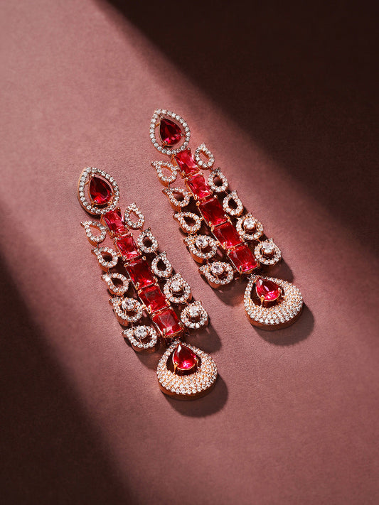 Ruby Stoned American Diamond Drop Pattern Rosegold Plated Drop Earrings