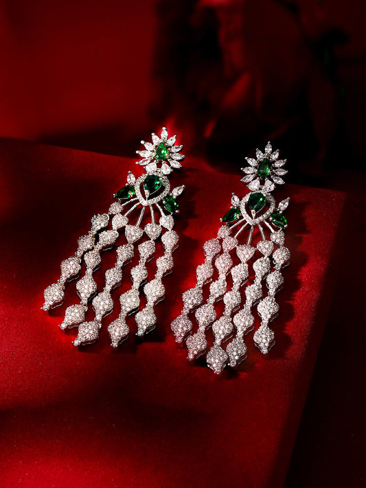 Emerald Stoned Floral Style Silver Plated American Diamond Tassels Earrings