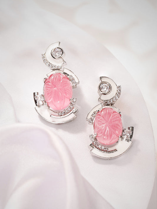 Pink Stoned White Elegance American Diamond Floral Pattern Drop Earrings