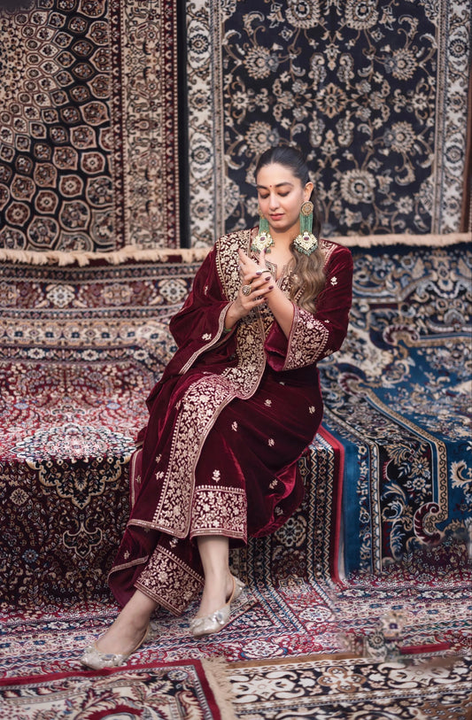 Ethenika Designer Embroidery Work Velvet Kurti Pant Dupatta Set (Ready to Wear) Ethenika.com