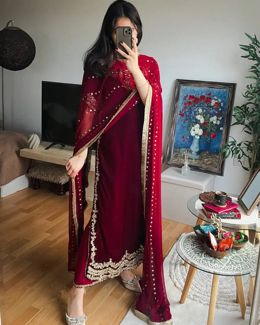 Ethenika Originals Sequence Embroidery Work Designer Velvet 3Pc Kurti Pant Dupatta Set (Ready to Wear) Ethenika.com
