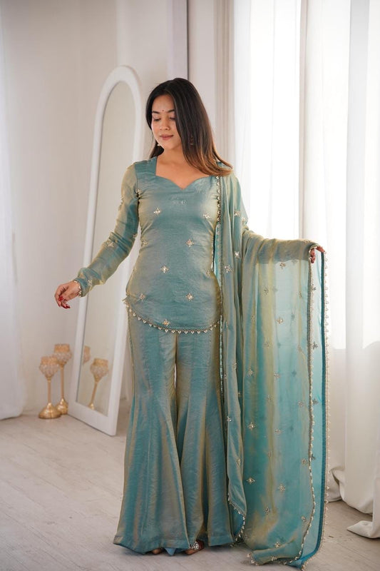 Fendy Silk Embroidery Work Kurti Sharara Dupatta Set