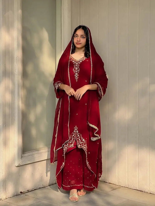 Faux Georgette Designer Ready Wear Kurti Pallazo Dupatta Set Ethenika.com