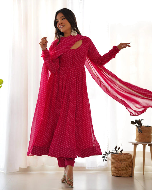 Faux Georgette Leheriya Print Anarkali 4M Flair Kurti Pant Dupatta Set (Ready To Wear) Ethenika.com