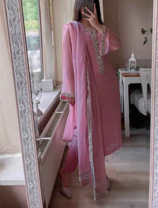 Faux Georgette Real Moti Work Kurti Pant Dupatta Set (Stitched) - Premium from Ethenika.com - Just INR 2990! Shop now at Ethenika.com