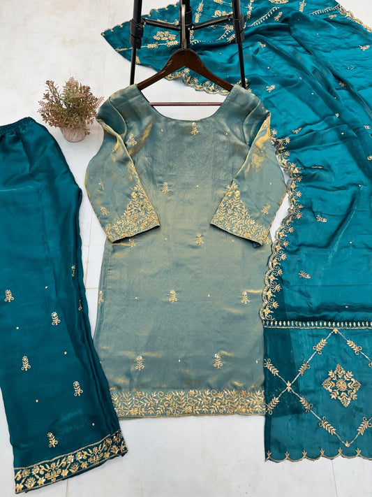 Fendi Silk Fabric Golden Hand Thread Embroidery work Kurti Palazzo Dupatta Set (Stitched) - Premium from Ethenika.com - Just INR 2990! Shop now at Ethenika.com