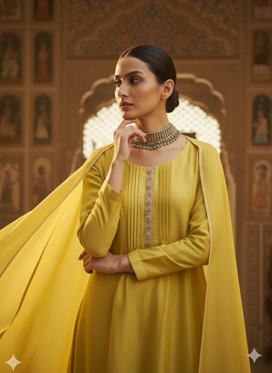 Lemon Yellow Embroidered Peplum Top with Sharara Set