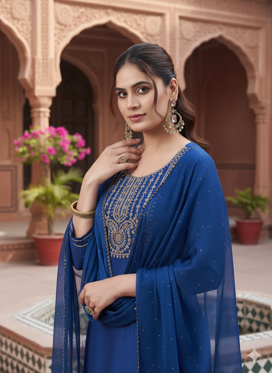 Teal Blue Embroidered Chinon Kurta with Dupatta Set | embroidered kurta set for women | leftside full view
