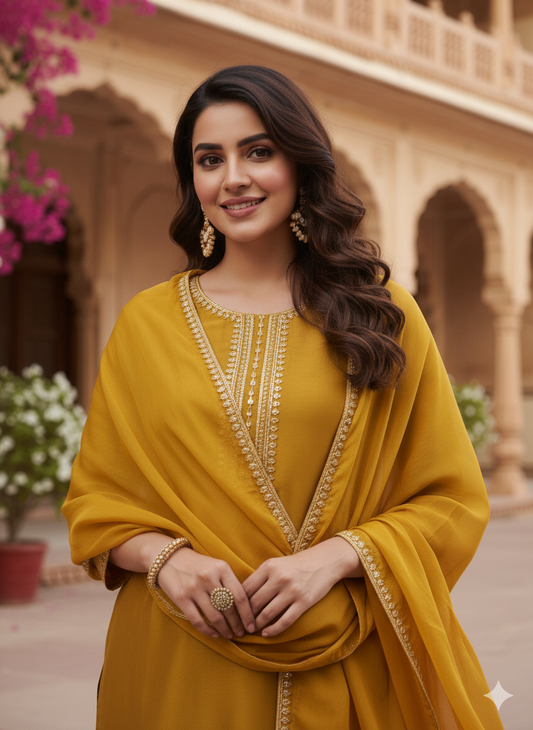 Mustard Embroidered Chinon Kurta with Dupatta Set | kurta sets for women | frontside Half view