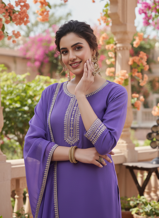 Lavender Embroidered Chinon Kurta with Dupatta Set | kurti set for women| Frontside half view