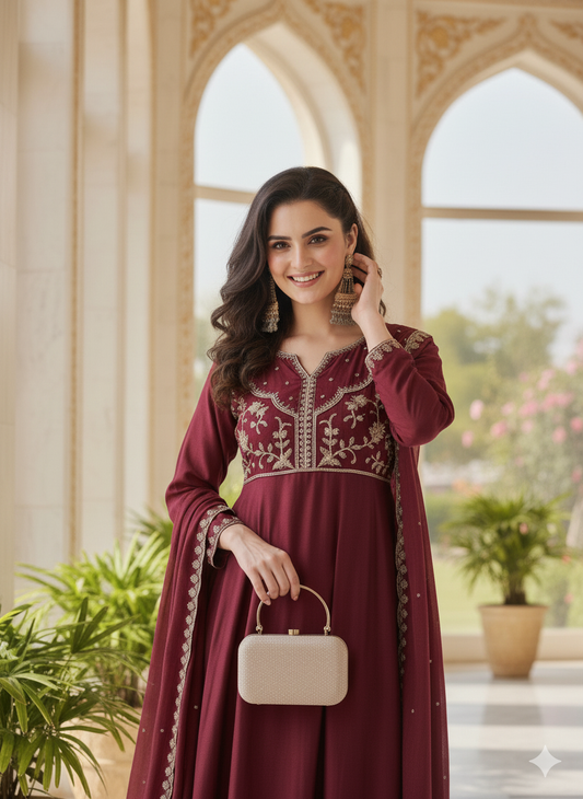 Red Embroidered Silk Anarkali kurta with Dupatta Set