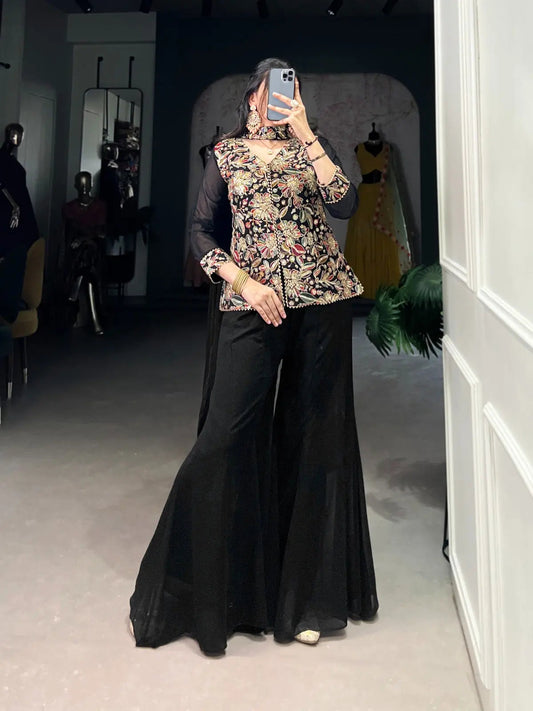 Georgette Threa Embroidery work Black Beauty Kurti Sharara Dupatta Set - Premium from Ethenika.com - Just INR 3990! Shop now at Ethenika.com