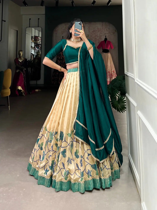 Green Silk Printed Lace work Lehenga Choli Set - Premium from Ethenika.com - Just INR 4990! Shop now at Ethenika.com