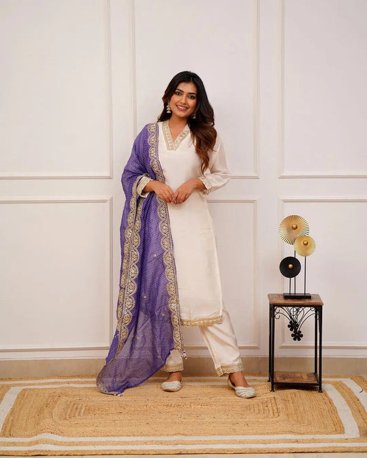 Cotton Silk V neck embroidery work Kurti Pant Dupatta Set - Premium from Ethenika.com - Just INR 2190! Shop now at Ethenika.com
