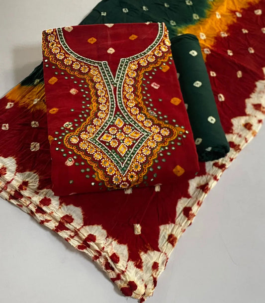 Cotton Real Mirror Resham Thread work Hand Crafted Bandhani Material (Unstitched) - Premium from Ethenika.com - Just INR 1990! Shop now at Ethenika.com