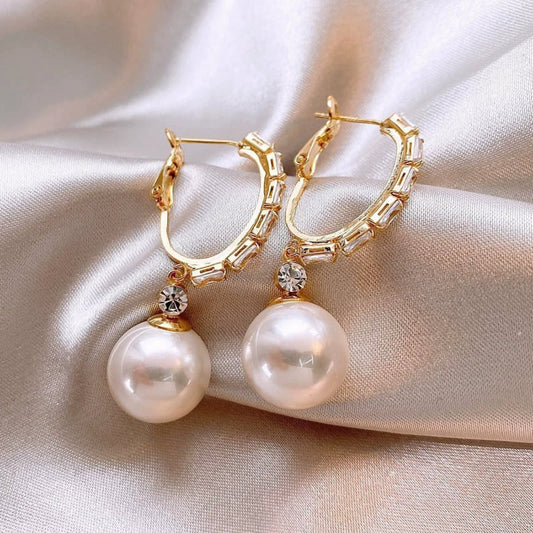 Gold Pearl Crystal Hoop Earrings JLT13816