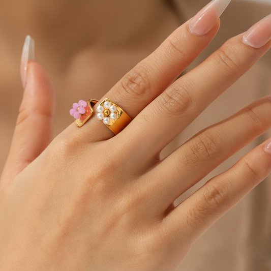Bold Two-Tone Flower Adjustable Gold Cuff Ring JLTR0655
