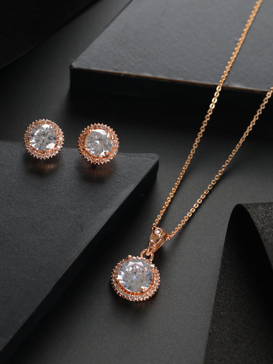 Priyaasi Round Solitaire Rose Gold-Plated Jewellery Set