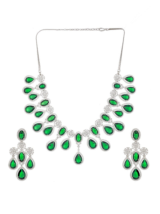 Emerald Floral Drops American Diamond Silver-Plated Jewellery Set